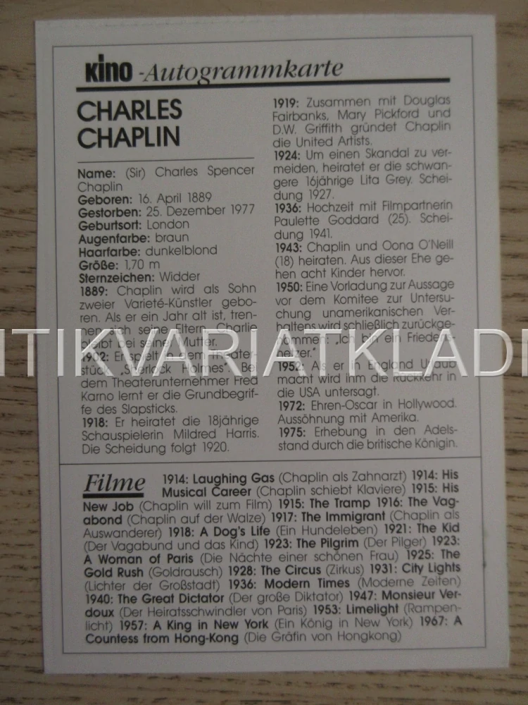 CHAPLIN CHARLES, KARTIČKA KINO