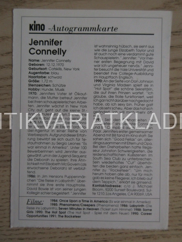 CONNELLY JENNIFER, KARTIČKA KINO