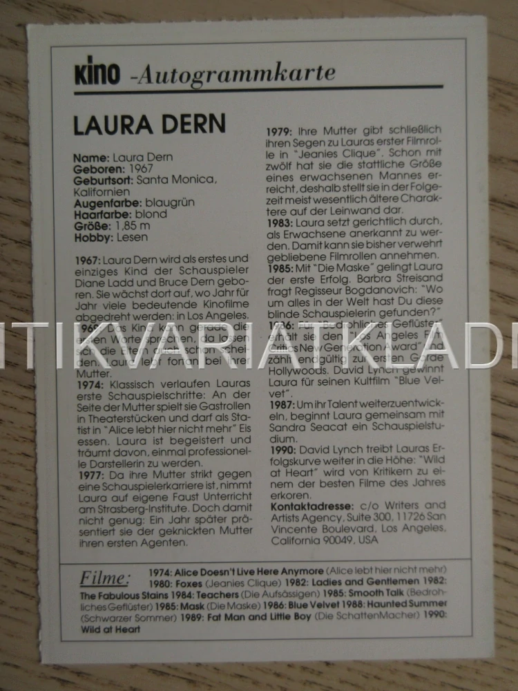 DERN LAURA, KARTIČKA KINO