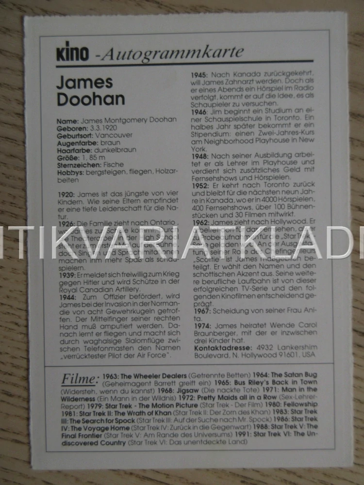 DOOHAN JAMES, KARTIČKA KINO