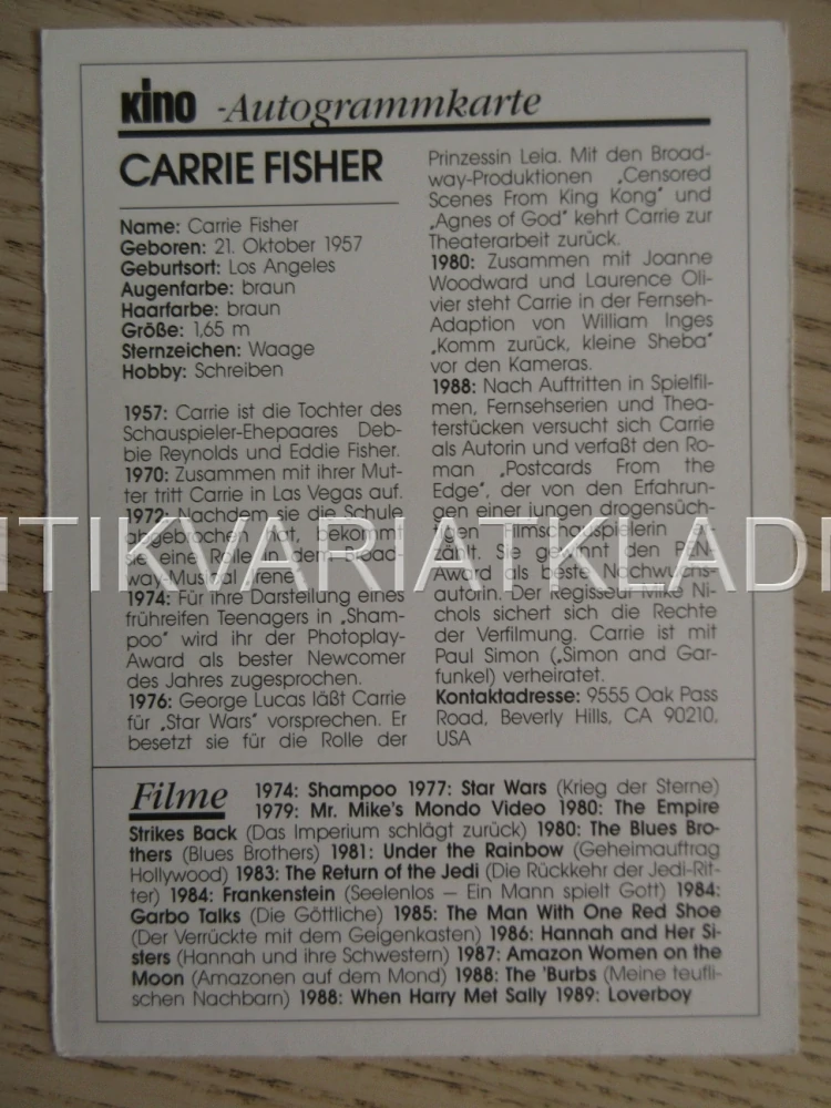 FISHER CARRIE, KARTIČKA KINO