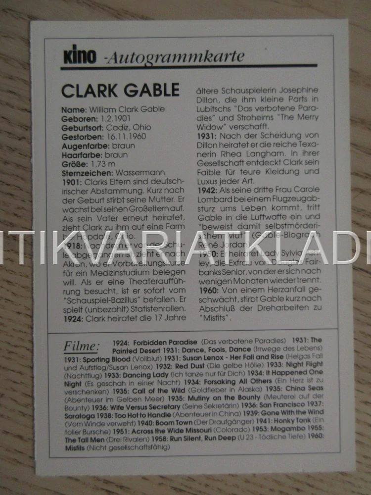 GABLE CLARK, KARTIČKA KINO