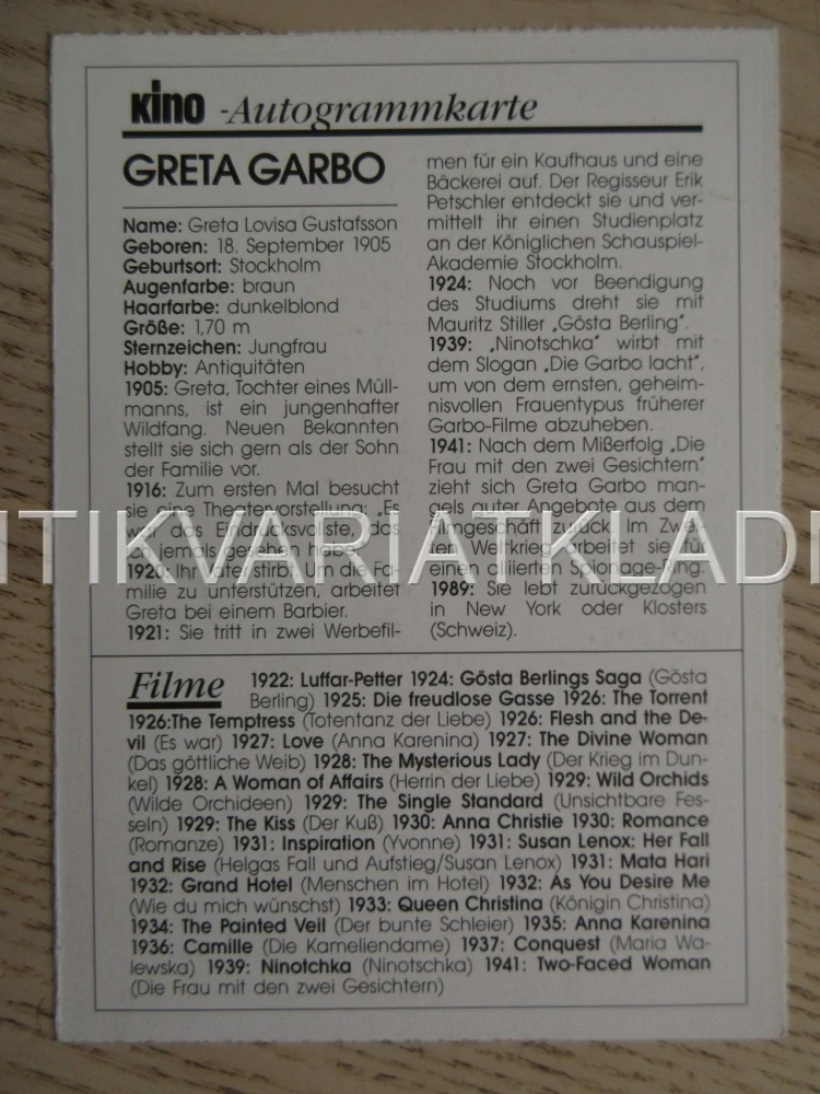 GARBO GRETA, KARTIČKA KINO