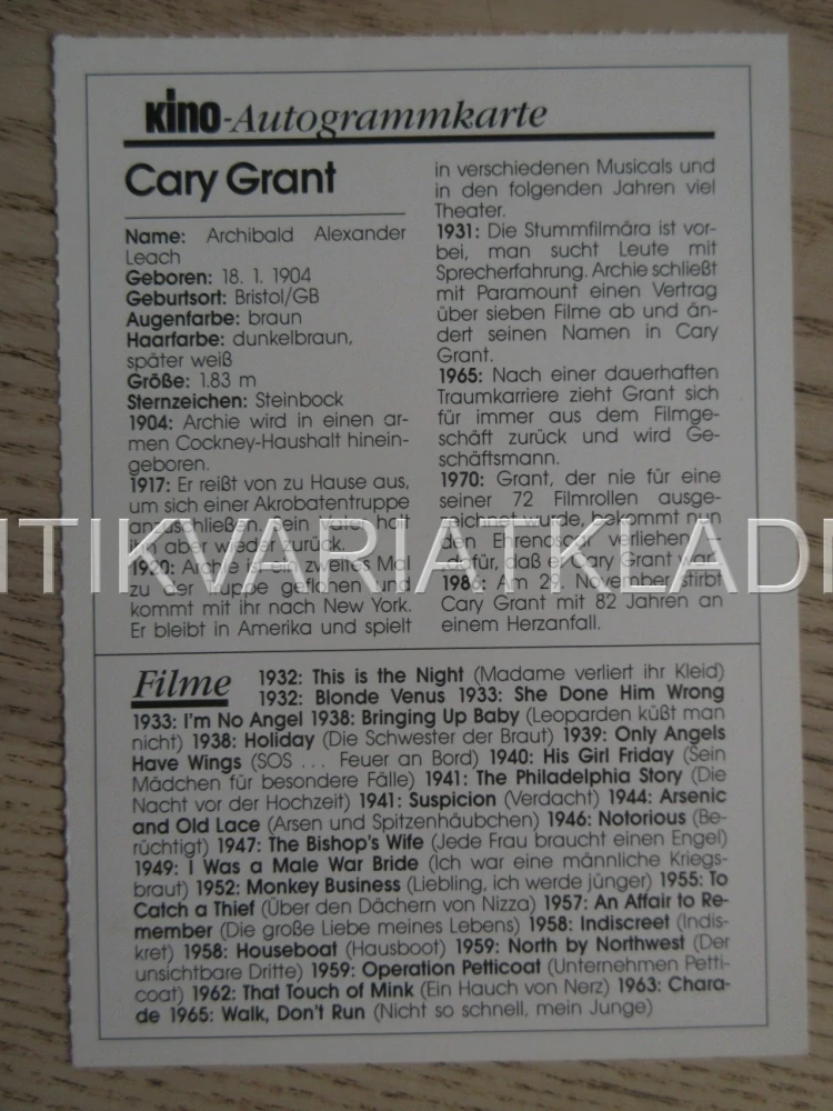 GRANT CARY, KARTIČKA KINO