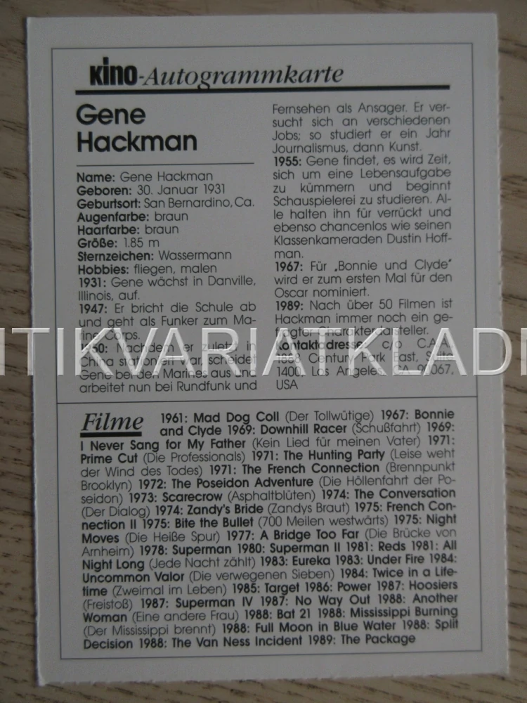 HACKMAN GENE, KARTIČKA KINO