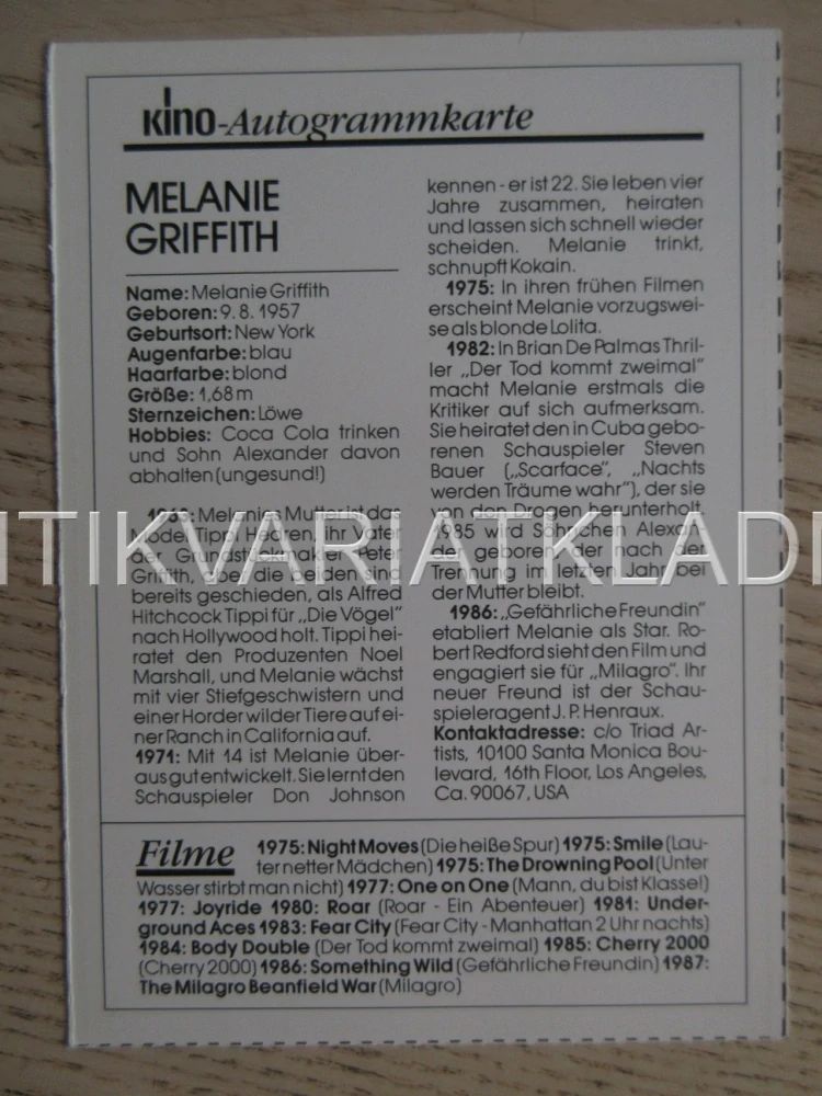 GRIFFITH MELANIE, KARTIČKA KINO
