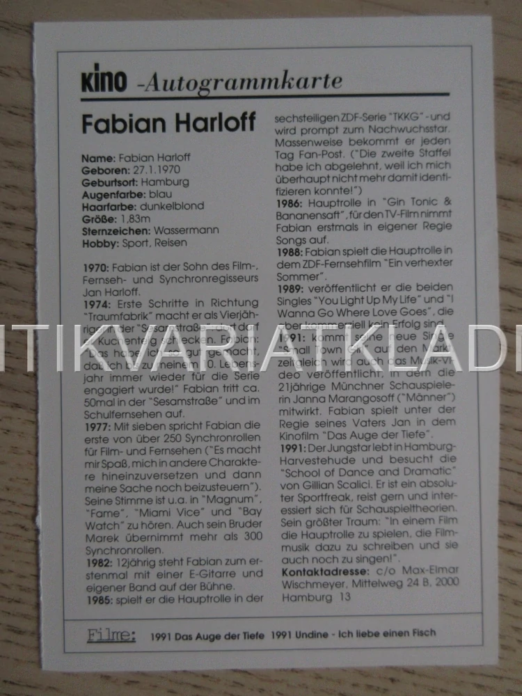 HARLOFF FABIAN, KARTIČKA KINO