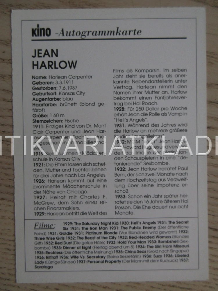 HARLOW JEAN, KARTIČKA KINO