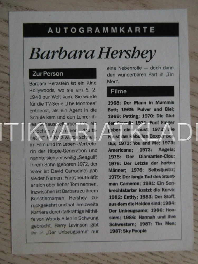 HERSHEY BARBARA, KARTIČKA KINO