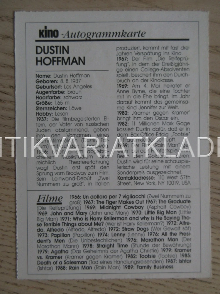 HOFFMAN DUSTIN, KARTIČKA KINO