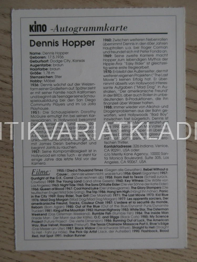 HOPPER DENNIS, KARTIČKA KINO