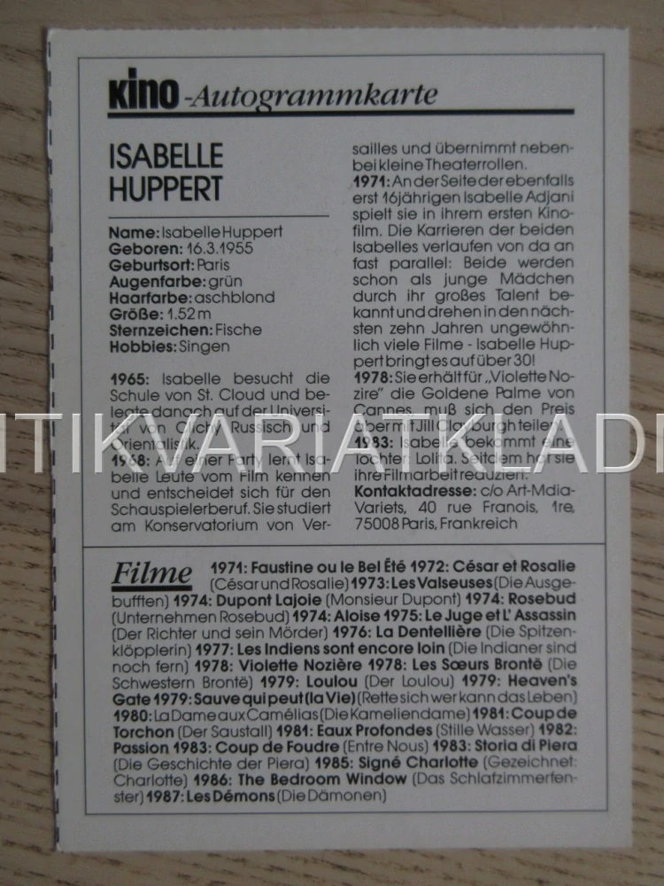 HUPPERT ISABELLE, KARTIČKA KINO