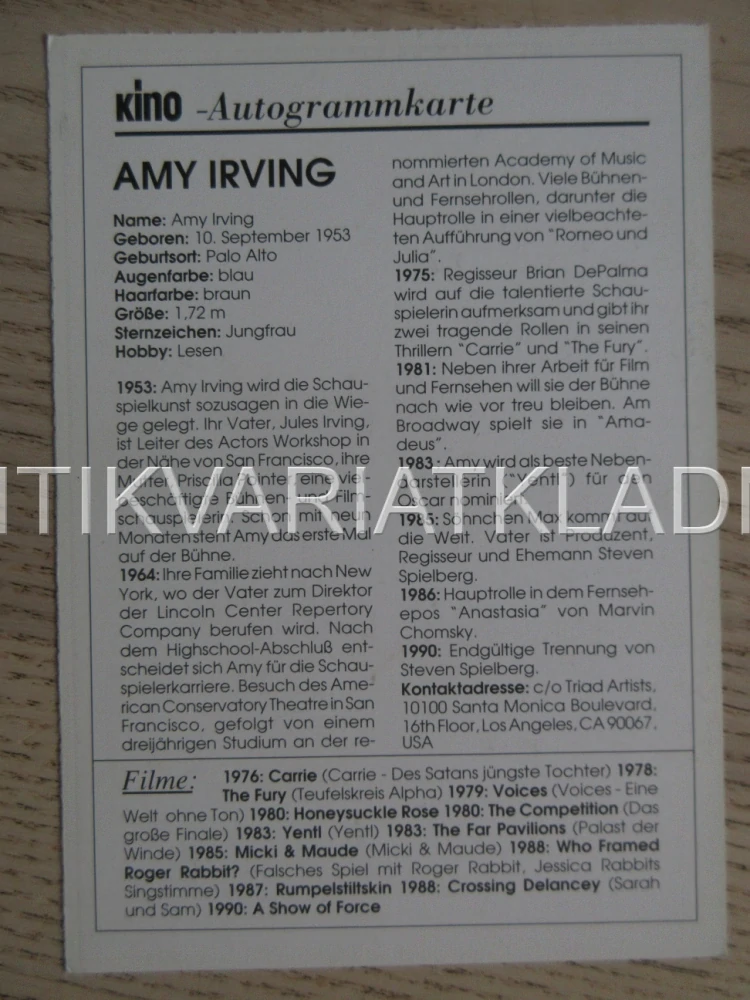 IRVING AMY, KARTIČKA KINO