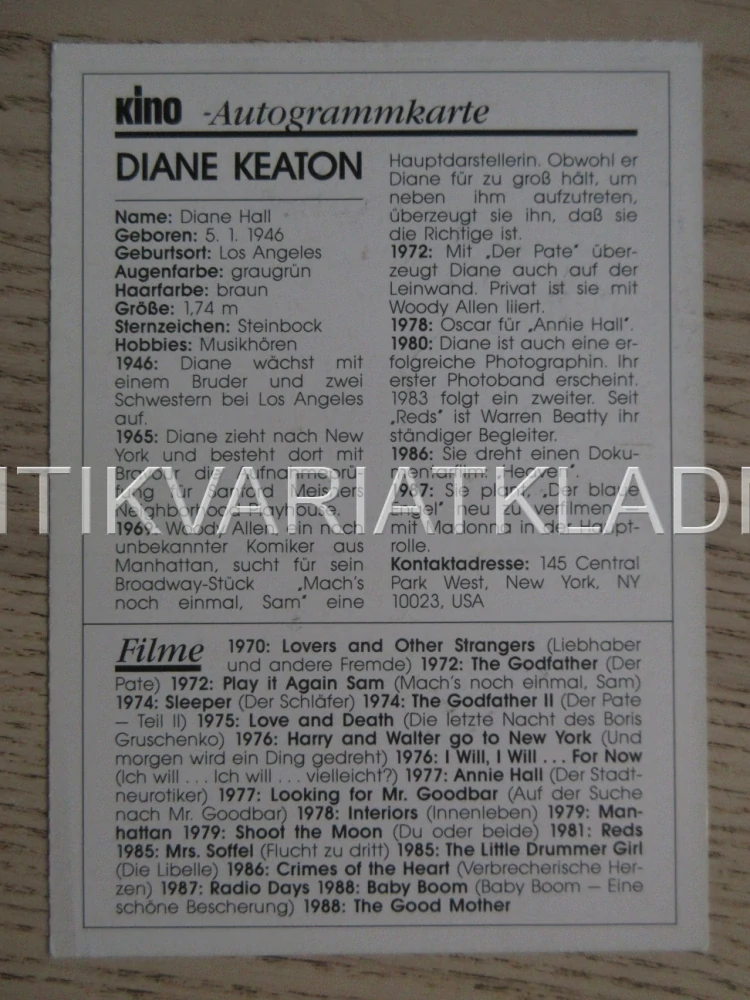 KEATON DIANE, KARTIČKA KINO