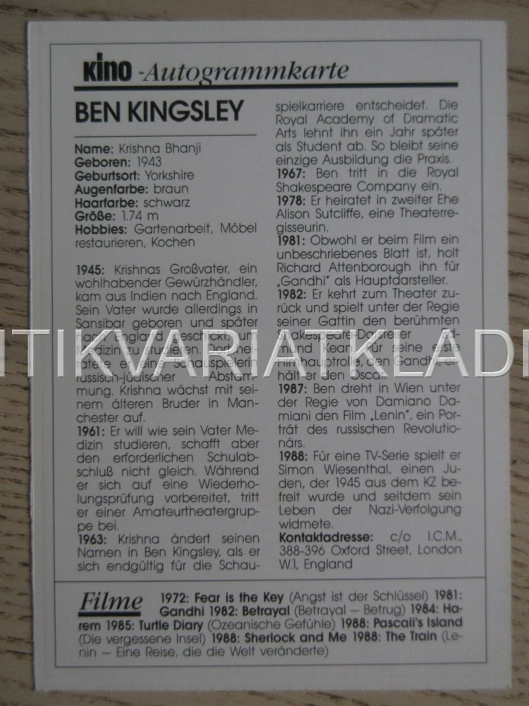 KINGSLEY BEN, KARTIČKA KINO