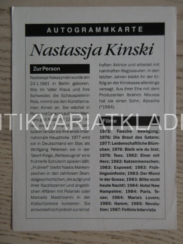 KINSKI NASTASSJA, KARTIČKA KINO