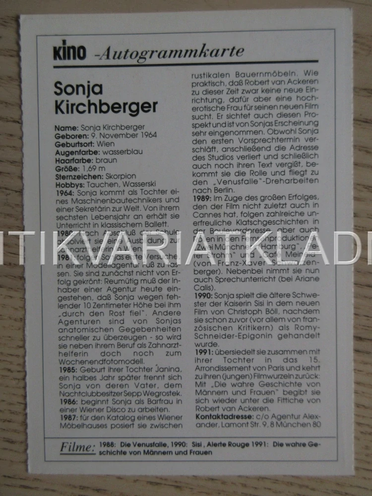 KIRCHBERGER SONJA, KARTIČKA KINO