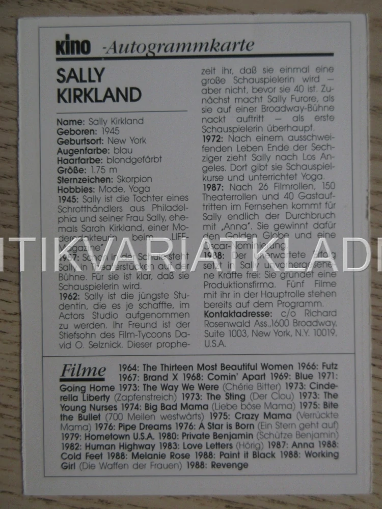 KIRKLAND SALLY, KARTIČKA KINO