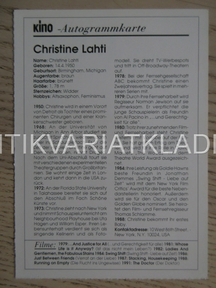 LAHTI CHRISTINE, KARTIČKA KINO