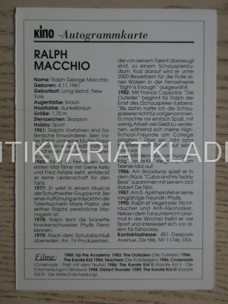MACCHIO RALPH, KARTIČKA KINO