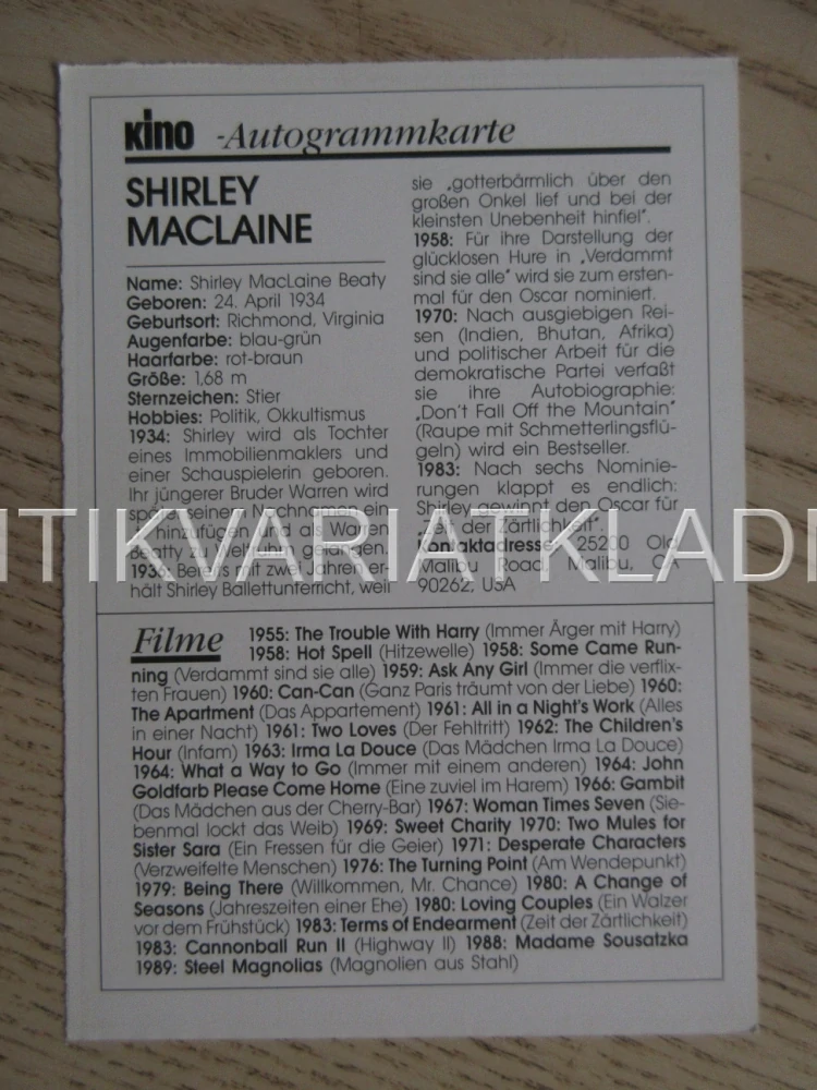 MACLAINE SHIRLEY, KARTIČKA KINO