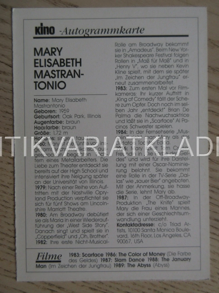 MASTRANTONIO MARY ELISABETH, KARTIČKA KINO