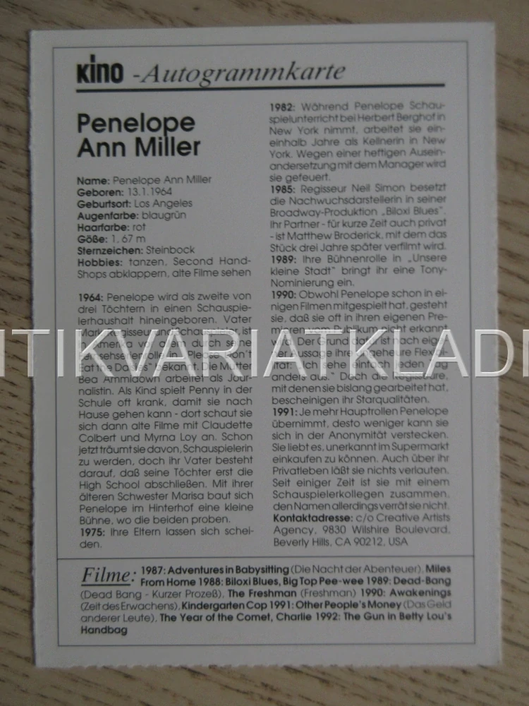 MILLER PENELOPE ANN, KARTIČKA KINO