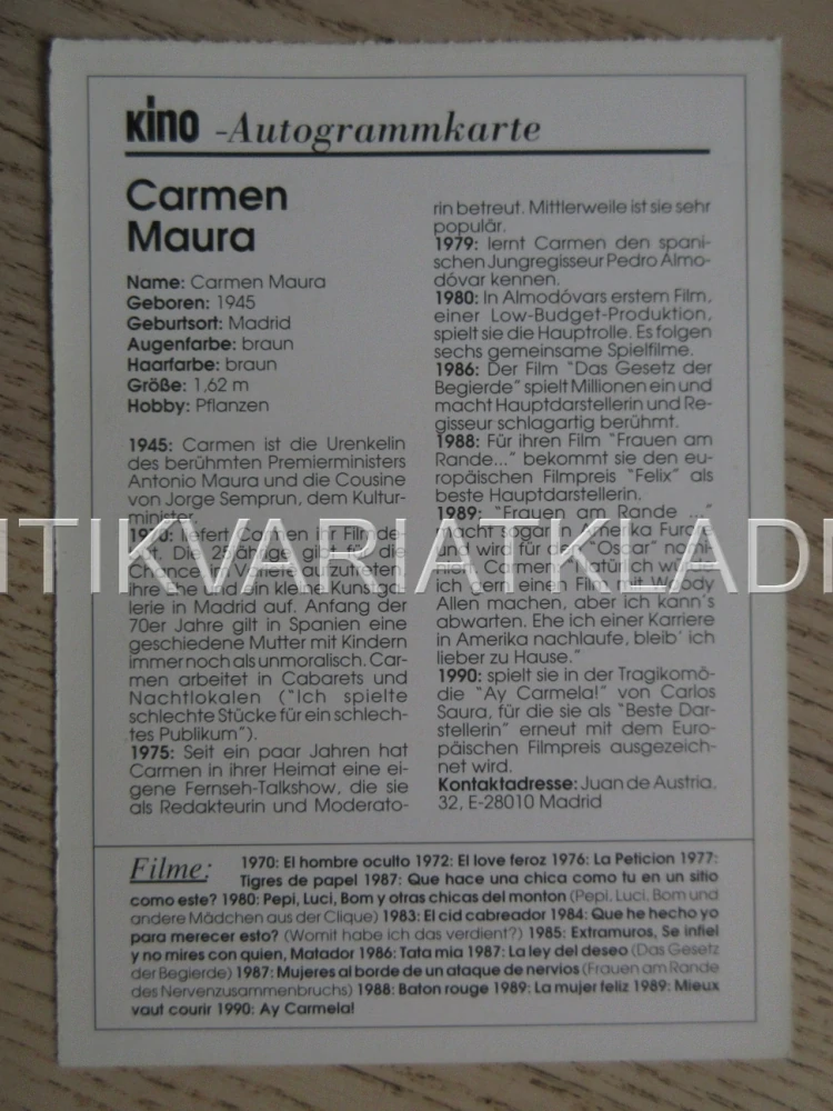 MAURA CARMEN, KARTIČKA KINO