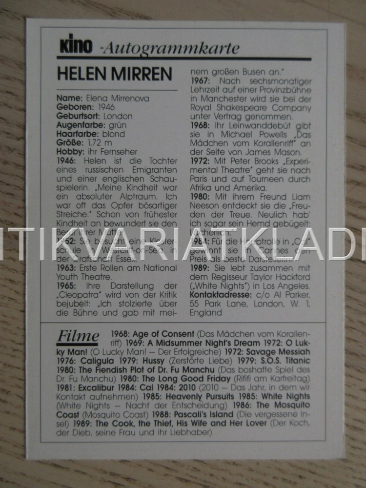 MIRREN HELEN, KARTIČKA KINO