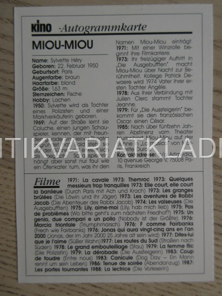 MIOU-MIOU, KARTIČKA KINO