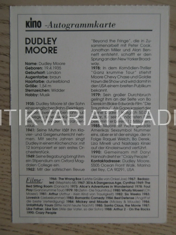 MOORE DUDLEY, KARTIČKA KINO