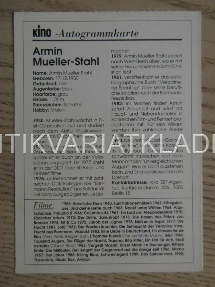 MUELLER-STAHL ARMIN, KARTIČKA KINO