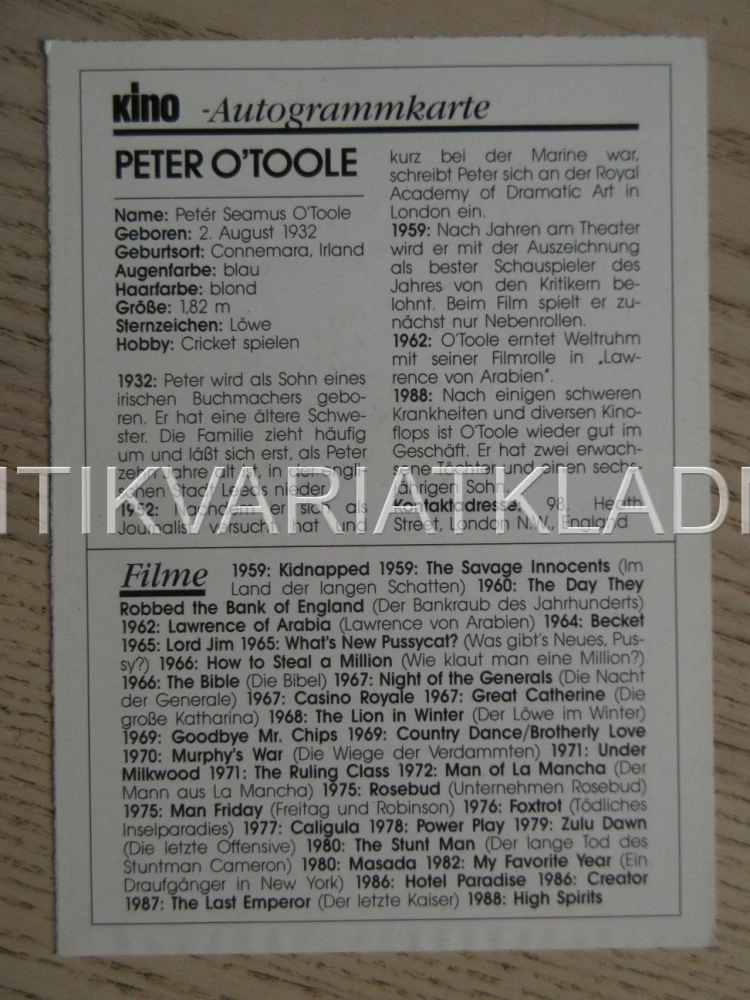 O'TOOLE PETER, KARTIČKA KINO