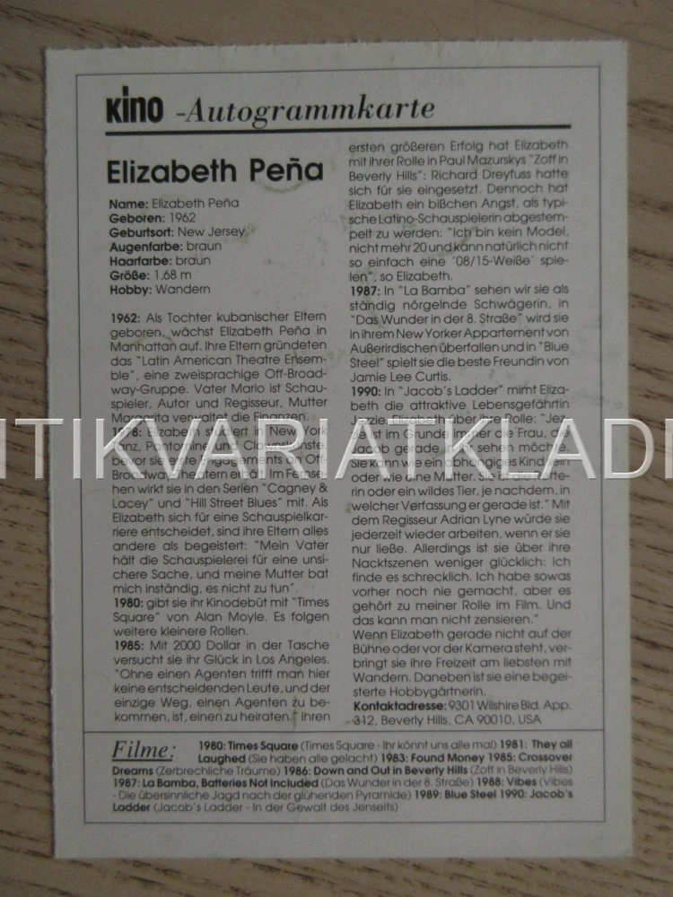 PEÑA ELIZABETH, KARTIČKA KINO