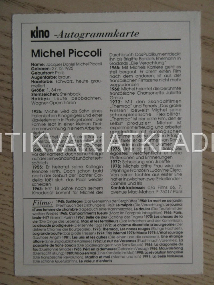 PICCOLI MICHEL, KARTIČKA KINO