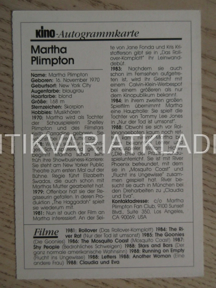 PLIMPTON MARTHA, KARTIČKA KINO