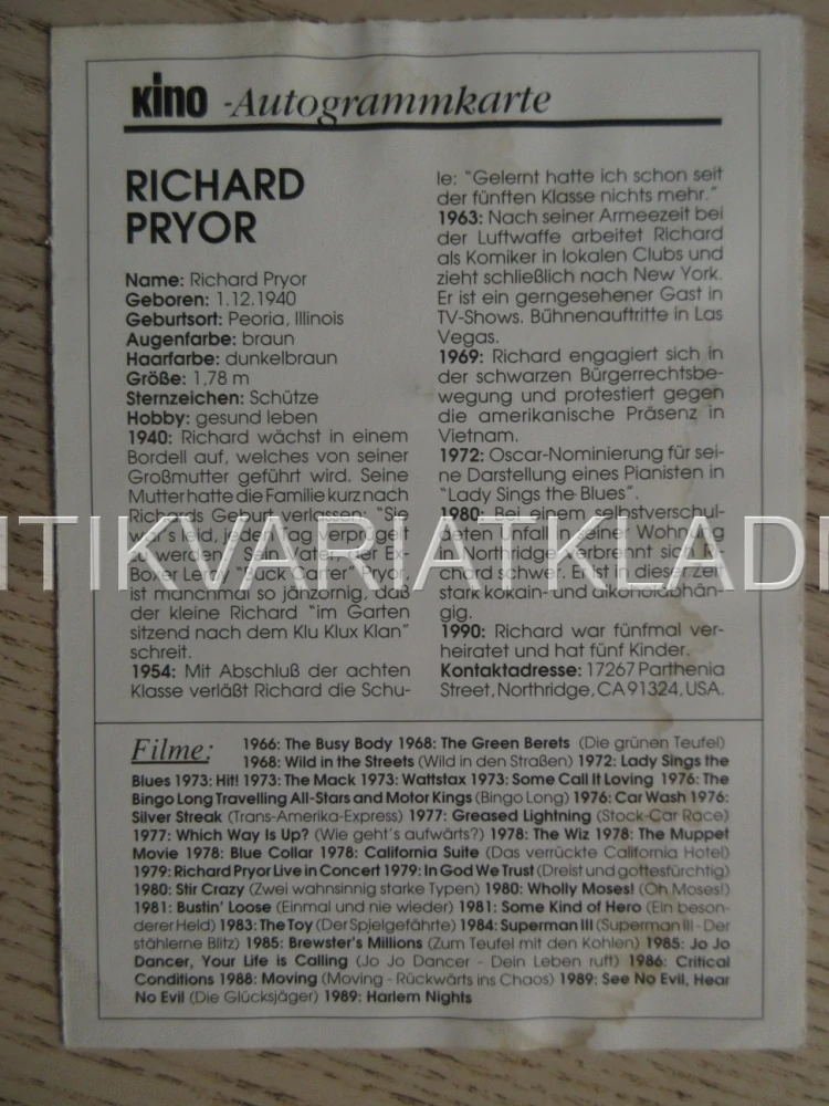 PRYOR RICHARD, KARTIČKA KINO
