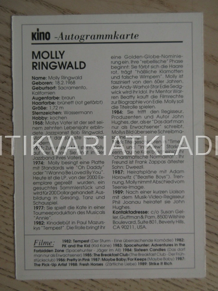 RINGWALD MOLLY, KARTIČKA KINO