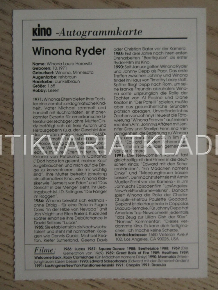 RYDER WINONA, KARTIČKA KINO