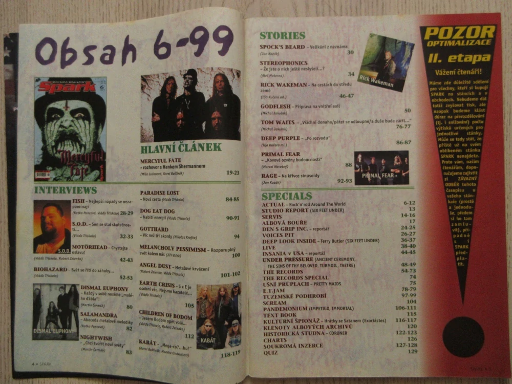 ROCKOVÝ MAGAZÍN SPARK, Č. 6/99, PLAKÁT GAMMARAY, SKUNK ANANSIE, **an