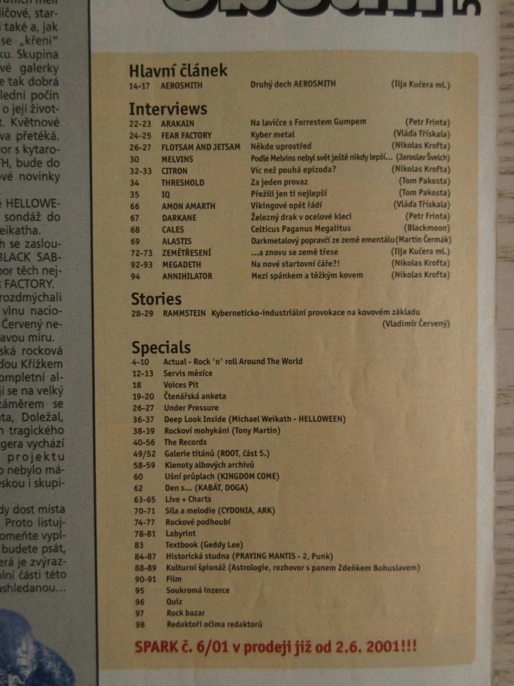 ROCKOVÝ MAGAZÍN SPARK, Č. 5/2001, PLAKÁT MEGADETH, **an