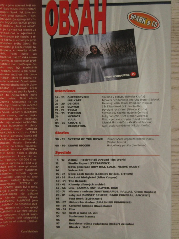 ROCKOVÝ MAGAZÍN SPARK, Č. 11/2001, PLAKÁT DREAM THEATER, **an