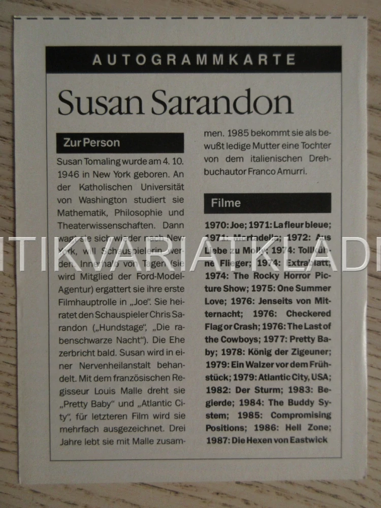 SARANDON SUSAN, KARTIČKA KINO