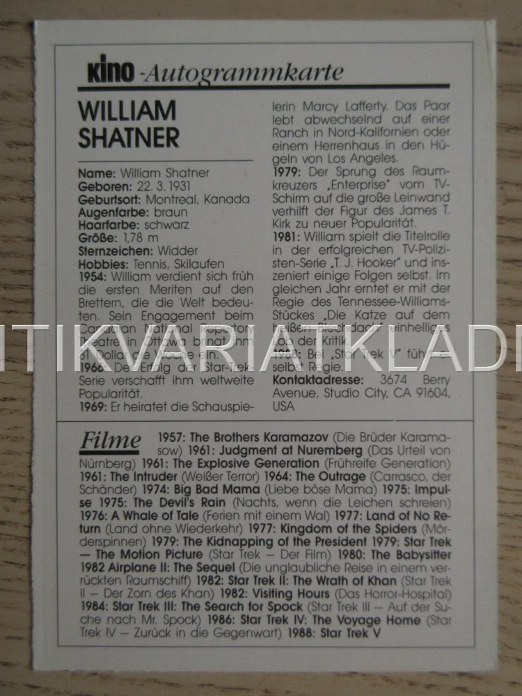 SHATNER WILLIAM, KARTIČKA KINO