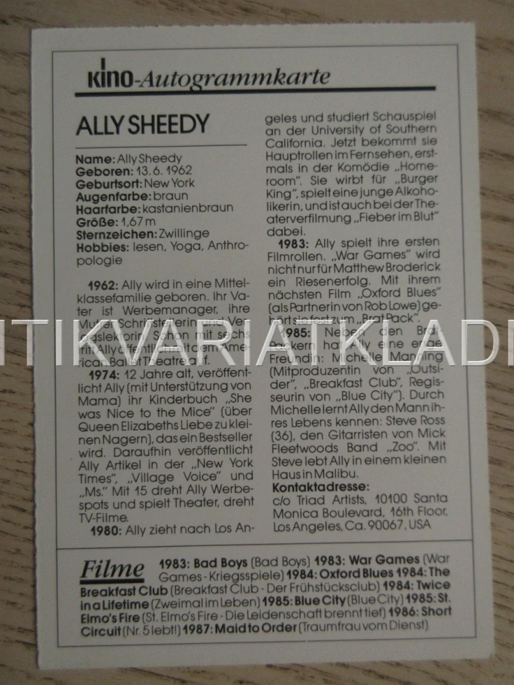 SHEEDY ALLY, KARTIČKA KINO