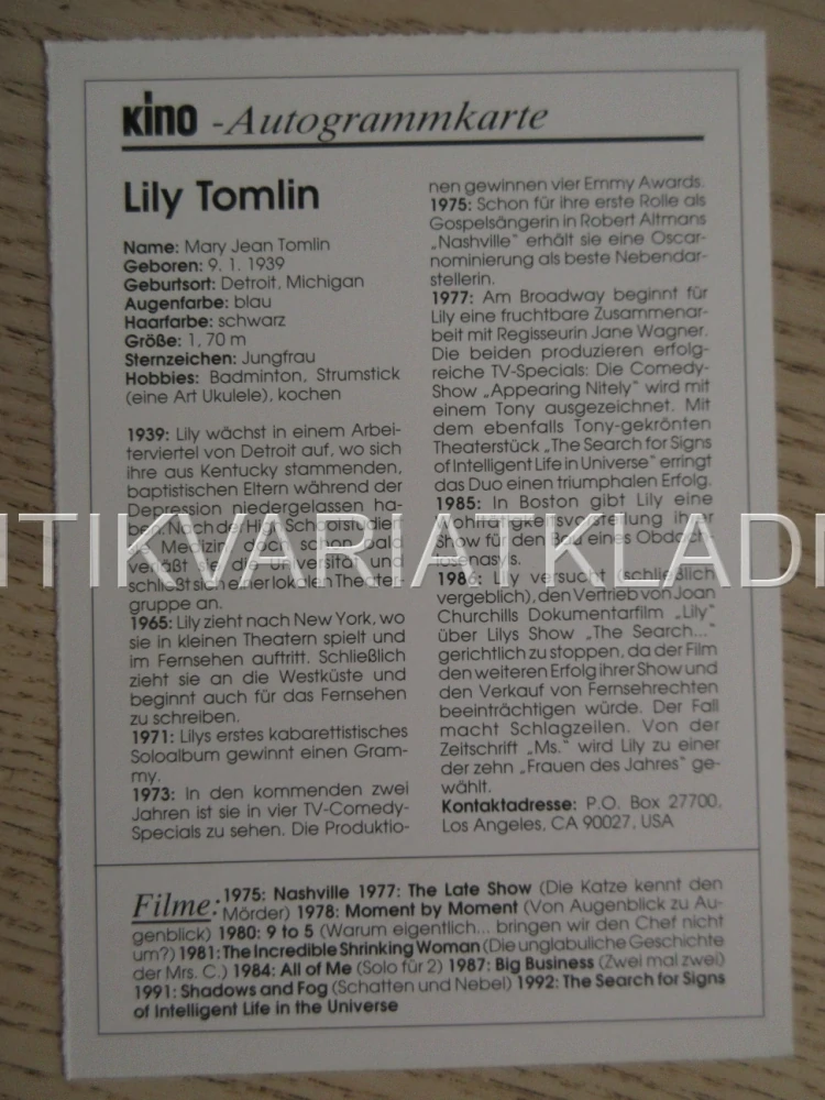 TOMLIN LILY, KARTIČKA KINO