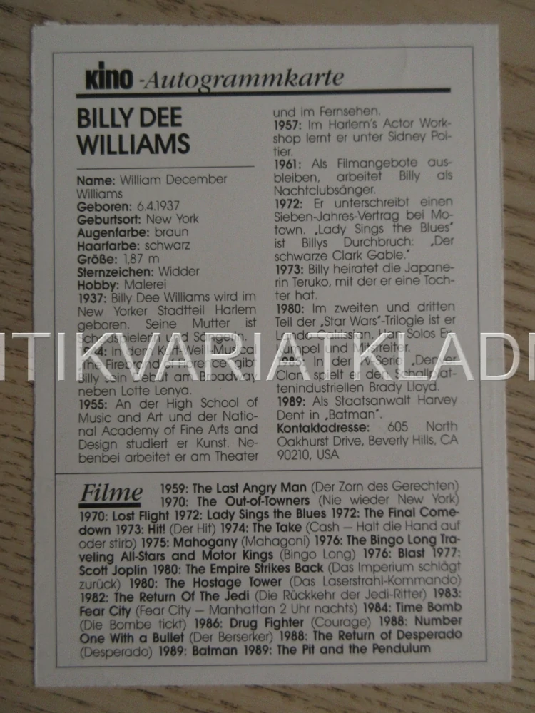 WILLIAMS BILLY DEE, KARTIČKA KINO