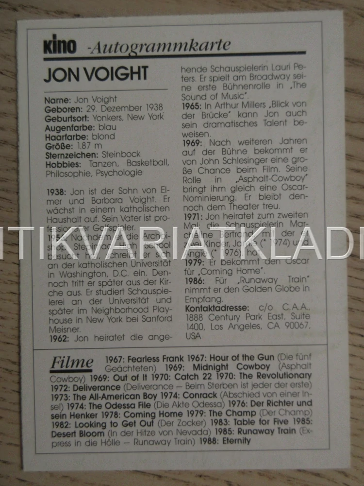 VOIGHT JON, KARTIČKA KINO