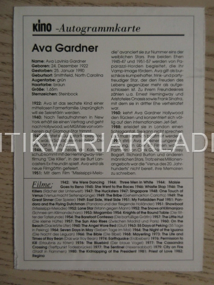 GARDNER AVA, KARTIČKA KINO