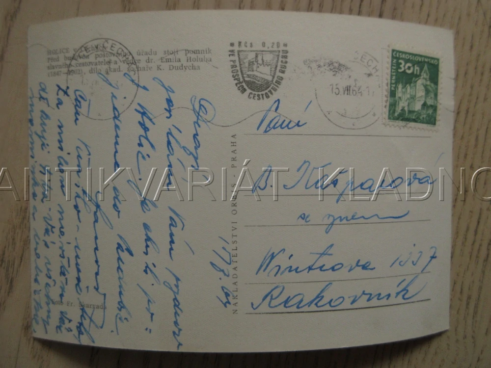 HOLICE, POŠTA, POMNÍK EMILA HOLUBA, OKRES PARDUBICE, POHLEDNICE 821